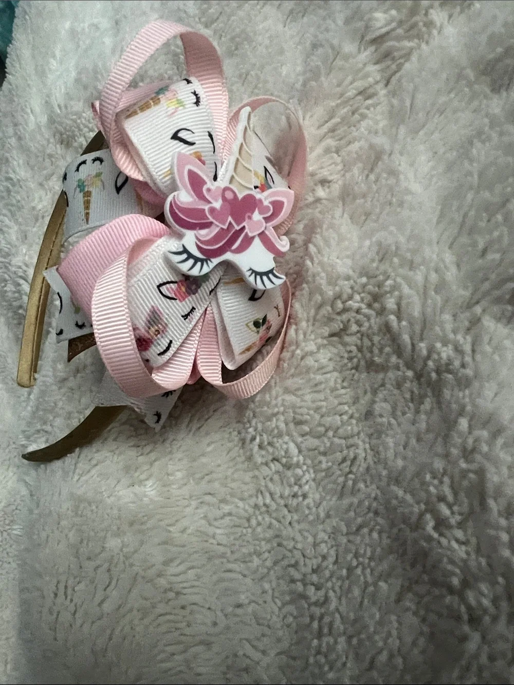 Girls' Gold Headband with Pink Bow and Unicorn Ribbon